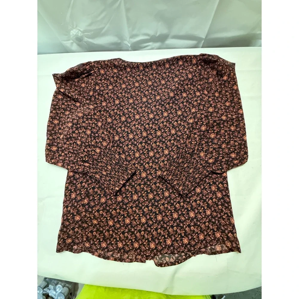Madewell Floral V-Neck‎ Button Front Blouse Smocked Cuff Plum Orange Size 2